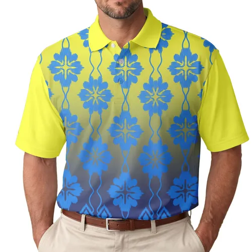Yellow Blue Navy Ikat Four Petal Flowers Diamond Teardrops - Casual Lifestyle Wear Men's Polo Shirt