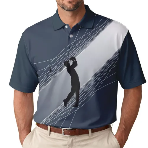 Bold Golfer Silhouette Mid-Swing Diagonal Stripe Flowing Curved Lines - Golf Lifestyle Gift Men's Polo Shirt