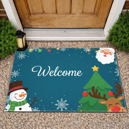 Welcome Santa Snowman Reindeer Christmas Tree - Christmas Holiday Decor Doormat
