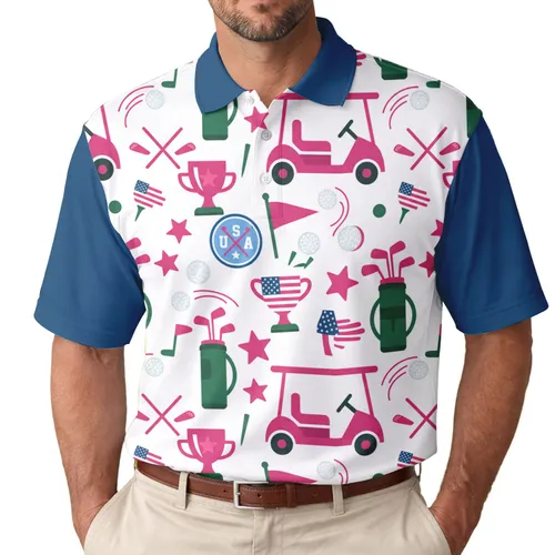 USA Flag Golf Clubs Trophy Stars Independence Day Gift Men's Polo Shirt