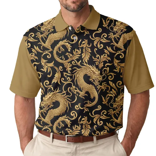 Opulent Golden Eastern Dragons Leaves Swirling Ribbons Dark Fantasy Gift for Fantasy Lover Men's Polo Shirt