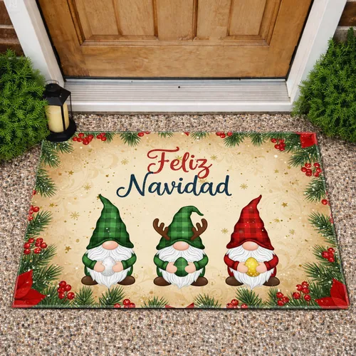 Feliz Navidad Christmas Gnomes Pine Poinsettia - Farmhouse Holiday Decor Doormat