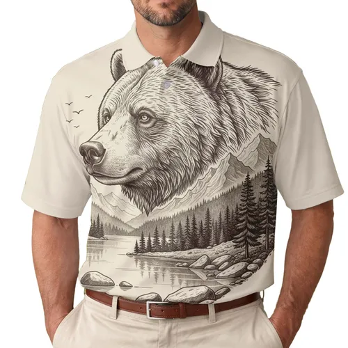 Grizzly Bear Head Mountain Lake Pine Forest Birds - Wildlife Lover Gift Men's Polo Shirt