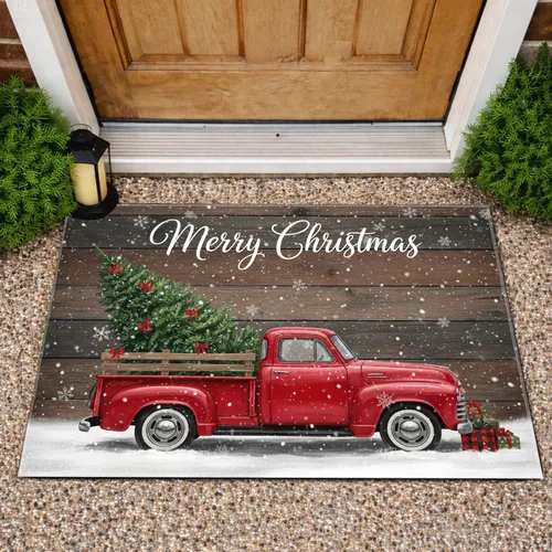 Vintage Red Pickup Truck Christmas Tree Merry Christmas - Holiday Decor Doormat
