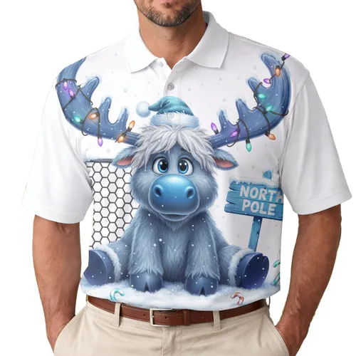North Pole Moose Antlers Christmas Lights Santa Hat Snow Candy Cane - Christmas Gift Men's Polo Shirt