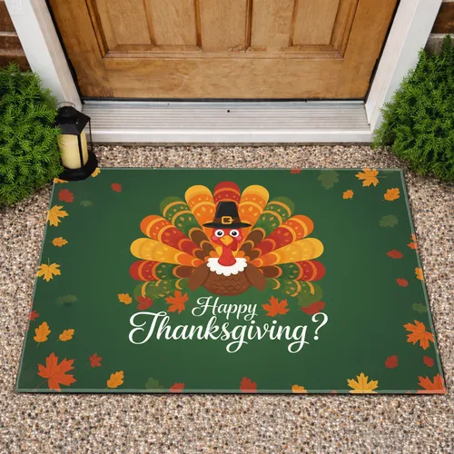 Happy Thanksgiving Turkey Tail Feathers Pilgrim Hat Autumn Leaves Holiday Decor Doormat