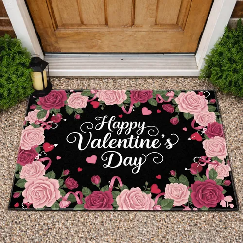 Happy Valentine's Day Roses Hearts Ribbons - Valentine Home Decor Doormat