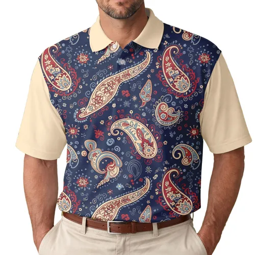 Red Cream Blue Gold Paisley Flowers Starburst Scrollwork - Everyday Wear Gift Men's Polo Shirt