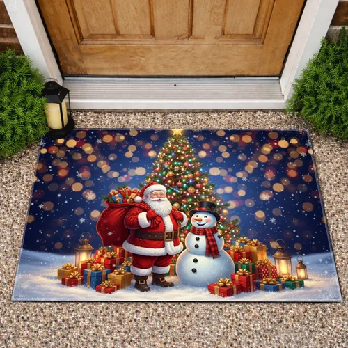 Plump Santa Claus Jovial Snowman Christmas Tree Wrapped Gifts Rustic Lanterns - Christmas Home Decor Doormat