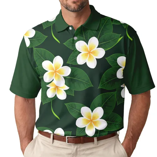 White Plumeria Flowers Tropical Leaves - Travel Essentials Gift for Beach Lovers Men's Polo Shirt