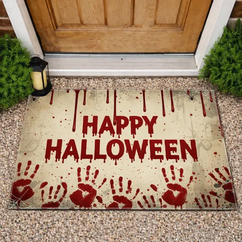 Happy Halloween Dripping Blood Bloody Handprints Spiderweb - Halloween Party Decor Doormat