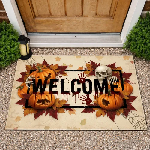 Bloody Welcome Skull Hand Pumpkin Spider Web Fall Leaves - Halloween Decor Doormat