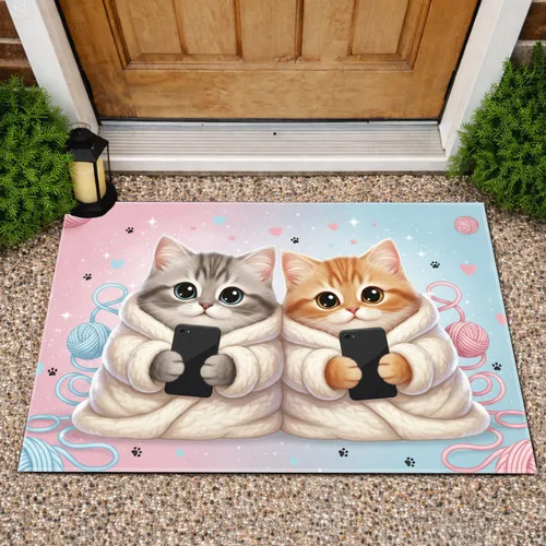 Fluffy Kittens Yarn Hearts - Pet Lover Home Decor Gift for Cat Lover Doormat