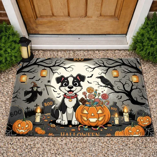 Happy Dog Jack-O'-Lantern Spooky Scene - Halloween Decor Gift for Dog Lovers Doormat