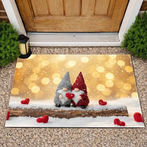 Knitted Gnomes Red Hearts Snow - Valentine's Day Home Decor Gift Doormat