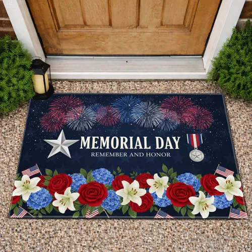 Memorial Day Star Military Medal Floral American Flag Gift for Veterans Doormat