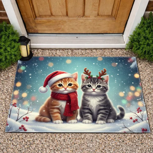 Festive Ginger Tabby Kittens Snow - Christmas Home Decor for Cat Lovers Doormat
