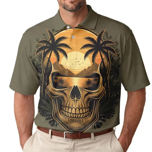 Skull Tropical Sunset Palm Trees Birds - Tropical Lifestyle Gift Men's Polo Shirt