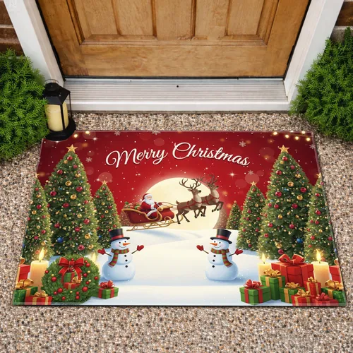 Santa Claus Sleigh Reindeer Christmas Scene - Christmas Holiday Gift Doormat