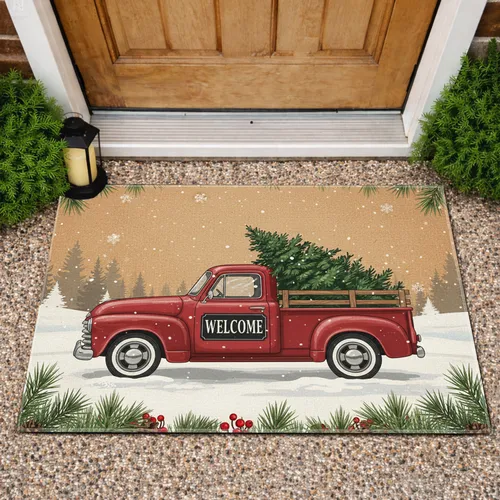 Red Pickup Truck Christmas Trees Welcome - Holiday Farmhouse Decor Gift Doormat