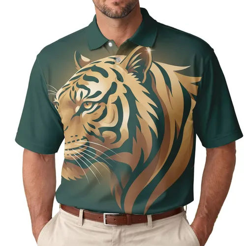Emerald Green Metallic Golden Bronze Tiger Head Profile - Wildlife Lover Gift Men's Polo Shirt