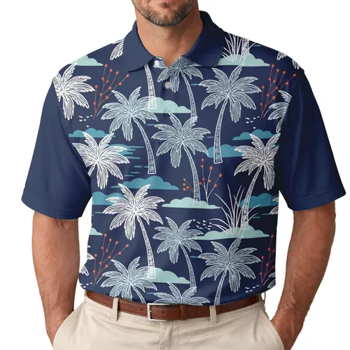 White Outline Palm Trees Grasses Berry Clusters - Summer Vacation Travel Gift Men's Polo Shirt