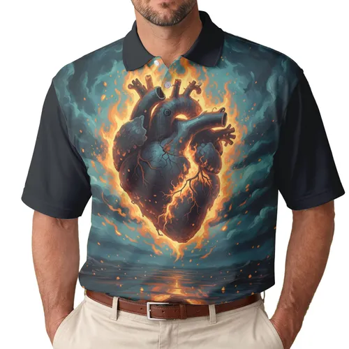 Explosively Burning Gnarled Heart Fiery Reflections Stormy Sky - Distinctive Style Gift Men's Polo Shirt