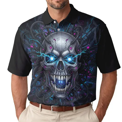 Biomechanical Skull Glowing Electric Blue Magenta Eyes Cybernetic Tendrils - Sci-Fi Fan Gift Men's Polo Shirt