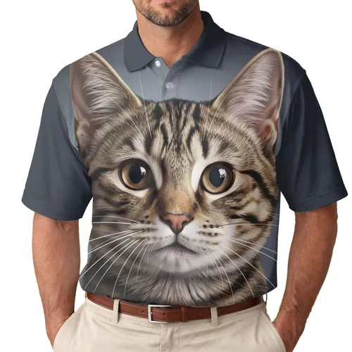 Tabby Cat Face Portrait with White Whiskers and Brown Eyes - Cat Lover Gift for Pet Owners Men's Polo Shirt