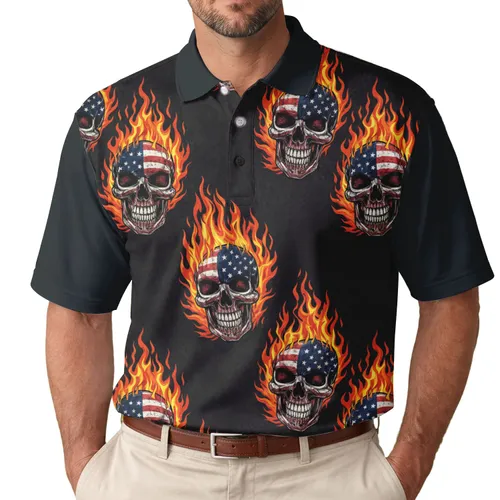 Flaming Skulls American Flag - Independence Day Gift for Patriots Men's Polo Shirt