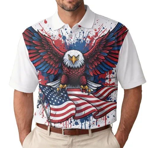 Bald Eagle with Wings Spread Clutching American Flag - Independence Day Gift for Veterans Men's Polo Shirt