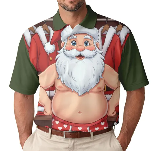 Shirtless Santa Claus Heart Boxer Shorts Garland Penguin - Christmas Holiday Gift Men's Polo Shirt