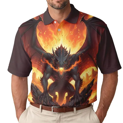Black Red Dragon Leathery Wings Glowing Eyes Flames Castle Ruins - Dragon Lover Gift Men's Polo Shirt