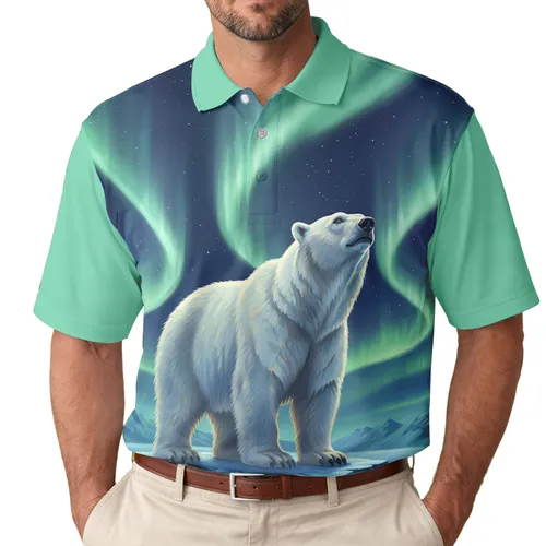 Majestic Polar Bear Ice Floe Northern Lights Sky Display - Winter Wildlife Lover Gift Men's Polo Shirt