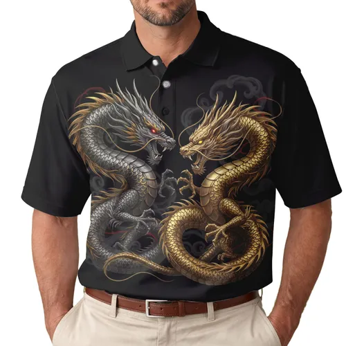 Oriental Dragons Intertwined Open Mouths Red Yellow Eyes - Fantasy Enthusiast Gift Men's Polo Shirt