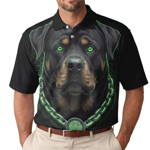 Rottweiler Dog Head Neon Green Eyes Glowing Chain Medallion - Dog Lover Gift Men's Polo Shirt