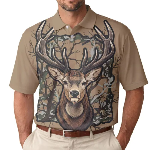 Finely Detailed Stag Head Antlers Winter Forest Camouflage - Wildlife Lover Gift Men's Polo Shirt