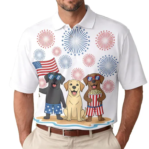 Labrador Dogs American Flag Fireworks - Independence Day Celebration for Dog Lovers Men's Polo Shirt