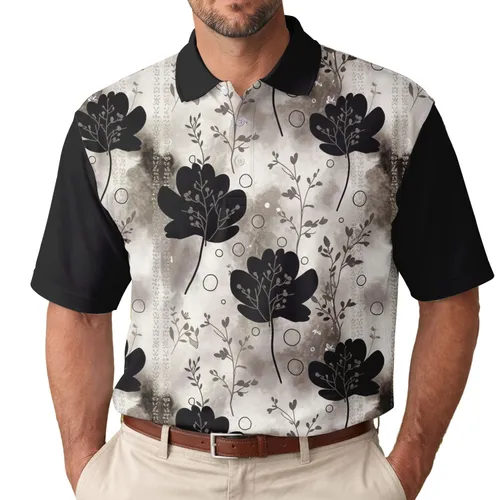 Dark Inkblot Floral Sprigs Circles Chevron Mottled Background - Everyday Lifestyle Gift Men's Polo Shirt