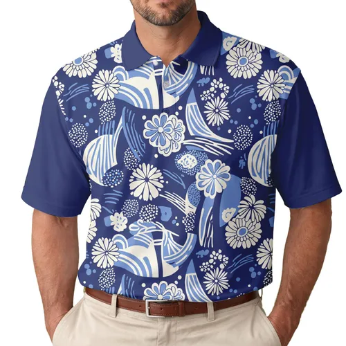 Organic Floral Japanese Chrysanthemum Abstract Segmented Circle Fan Wave - Everyday Style Gift Men's Polo Shirt