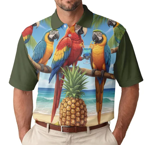 Macaws Cocktail Pineapple Tropical Beach - Beach Vacation Gift for Parrot Lovers Men's Polo Shirt