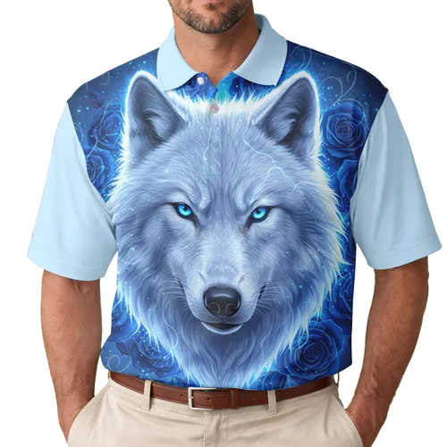 Hyperrealistic White Wolf Head Blue Roses Ethereal Aura - Mystical Creature Gift Men's Polo Shirt