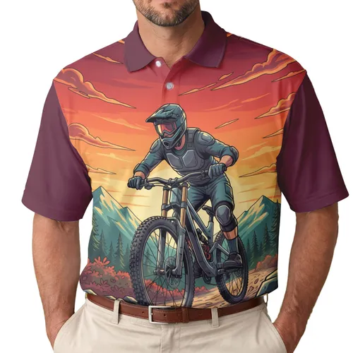 Mountain Biker Downhill Trail Sunset - Extreme Sports Enthusiast Gift Men's Polo Shirt