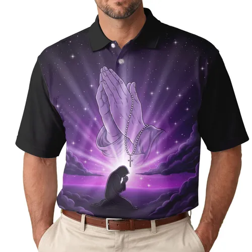 Praying Hands Kneeling Figure Rosary Cosmic Sky Nebulae - Spiritual Meditation Gift Men's Polo Shirt