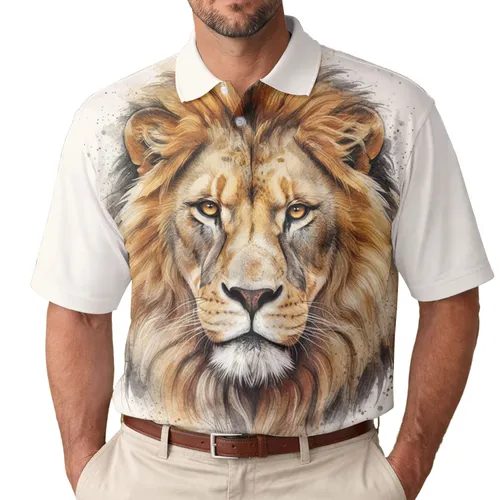 Majestic Powerful Lion Head Golden Brown Eyes Strong Features - Wildlife Lover Gift Men's Polo Shirt