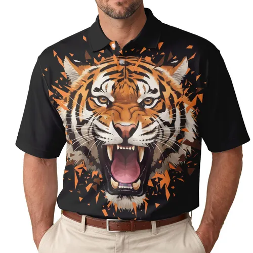 Roaring Tiger Head Shattered Stripes - Wildlife Lover Gift Men's Polo Shirt