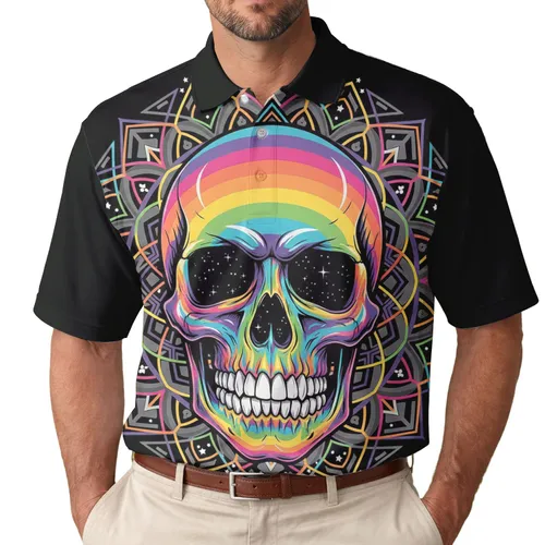 Vibrant Rainbow Skull White Teeth Stars Mandala Geometric - Psychedelic Lover Gift Men's Polo Shirt