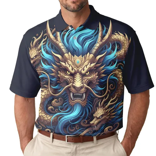 Eastern Dragon Head Golden Filigree - Mythical Creature Gift for Dragon Lover Men's Polo Shirt