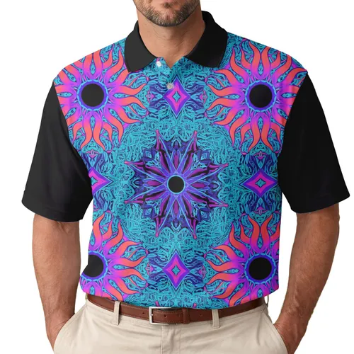 Vibrant Radial Suns Psychedelic Eyes Mandalas Tribal - Boho Lifestyle Everyday Wear Men's Polo Shirt