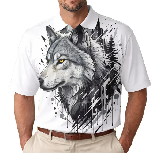 Realistic Grey Wolf Profile Head Yellow Eye Ink Splatter Forest - Wildlife Lover Gift Men's Polo Shirt
